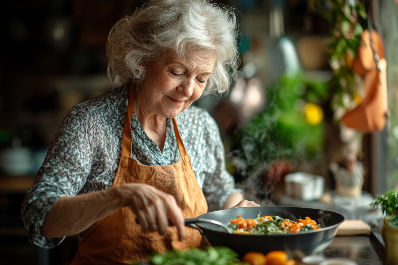 Щаслива пара старшого віку готує здорову їжу